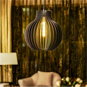 May include: A dark brown wooden pendant light with a geometric design. The light is hanging from a ceiling and is illuminated by a warm white light bulb.
