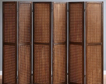 Wooden Pegboard Room Divider with 24 Hooks | Partition Wall Display Organizer | Foldable Room Divider