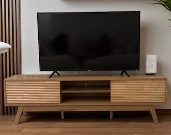 Mid Century Modern Media Console TV Stand with Fluted Sliding Doors, Boho Light Wood Credenza for Living Room
