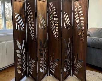 Boho Rustic Room Divider, 4 Panel Carved Leaf Folding Wood Screen