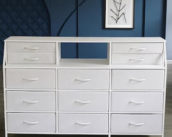 Modern 11 Drawer Dresser with Shelves – Long Fabric Storage Chest for Bedroom, Closet & Living Room Organizer