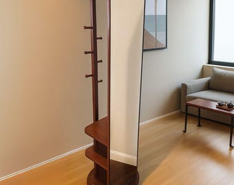 Solid Wood Full Length Mirror with Coat Rack & Wheels - Walnut Finish