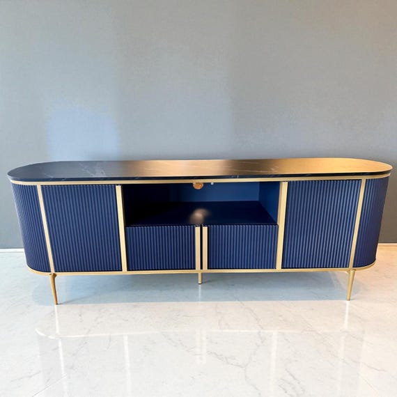 Fluted Fireplace TV Stand: Faux Marble Top, Curved Media Console for 80" TVs