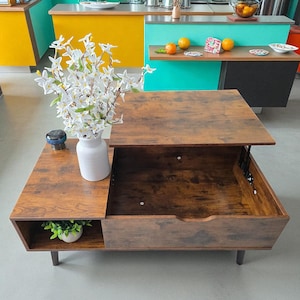 Wood Lift Top Coffee Table with Hidden Compartment and Large Storage Shelf, Lift Tabletop Dining Center Table for Home Living Room Office