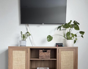 Mid Century Modern Media Rattan TV Console Cabinet with Storage and Shelf, Boho Entertainment Center