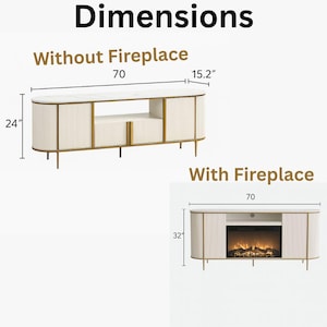 May include: A white and gold TV stand with a marble top. The stand is 70 inches long, 24 inches high, and 15.2 inches deep. The stand has two doors and a center shelf. The stand is also available with a fireplace, which is 32 inches high.