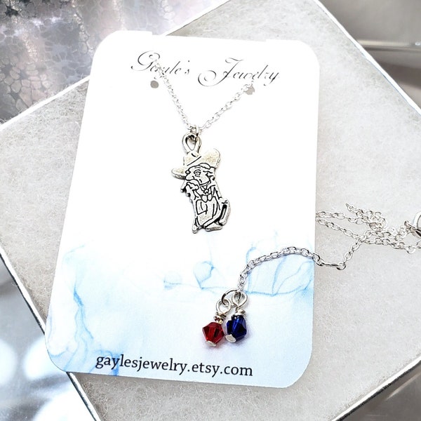 Red Blue Charm Necklace with Pewter Rebel Charm, Crystals, Silver Plate Chain, Ideal Gift High School Graduate, College Alumni, Sports Fans