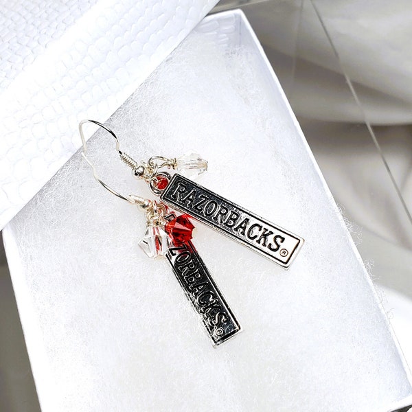 Silver Bar Pendant Earrings, Accented with Red and White Crystals, Ideal for High School Grads or Alumni Gift, Game Day Earrings