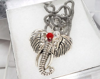 Unique Elephant Necklace, Silver Pewter Pendant, Make a Bold Statement, Option of Red and White Crystal Accent, Great Gift, NCAA Tournament