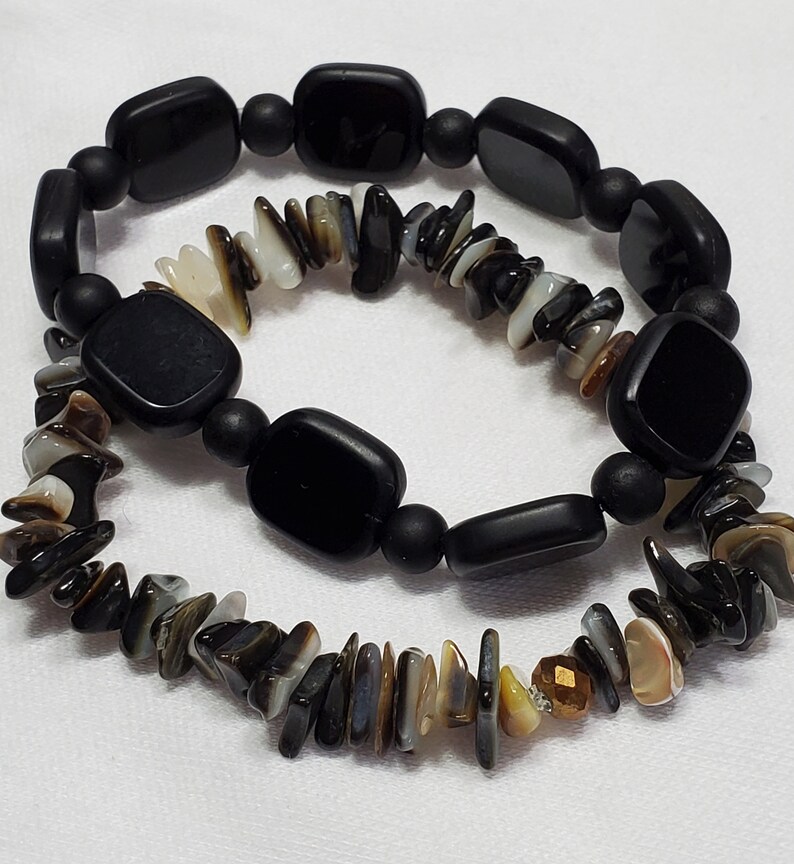 Sophisticated Black and Brown Beaded Bracelet, Set of 4, Mother of