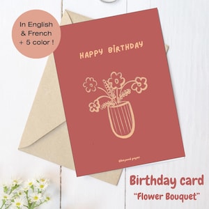 Minimalist Birthday Card with Bouquet of Flowers - Printable - French and English - Last Minute Gift Idea - Cute Card