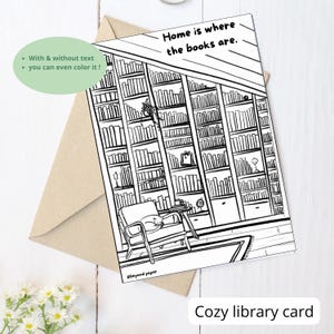Carte à imprimer lecture cosy – illustration bibliothèque – version texte et à colorier – déco murale, carte à offrir, format A4 et US, cute