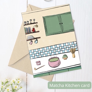 Tarjeta ilustrada de cocina japonesa matcha para imprimir – Ilustración en tamaño A4 y carta para plegar – Decoración de pared o tarjeta para regalar – Póster bonito