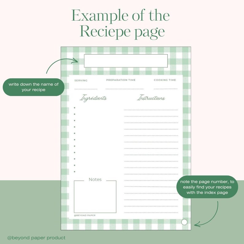 Green Checkered Recipe Book - Printable and Customizable PDF - French ...