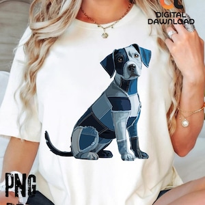 Puede incluir: Camiseta color crema con una ilustración de un perro sentado. El perro está representado en tonos de patchwork de mezclilla azul. La camiseta también tiene el texto "PNG PDF" apilado y el texto "DESCARGA DIGITAL" en la esquina superior derecha.