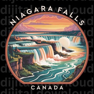 May include: A circular graphic of Niagara Falls, with the text "NIAGARA FALLS CANADA". The image shows the falls with colourful water and a sunset sky. The design is framed in a brown border, with the word "PNG" at the bottom.