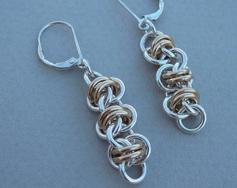 Chain maille earrings sterling silver and gold fill barrel weave dangle