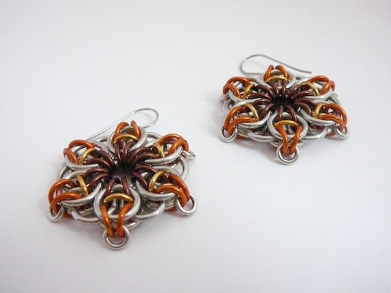 Chainmaille earrings--Celtic vision star flower in brown, orange, gold anodized aluminum