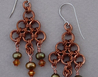 Chain maille chandelier earrings copper with olive pearls and copper crystals