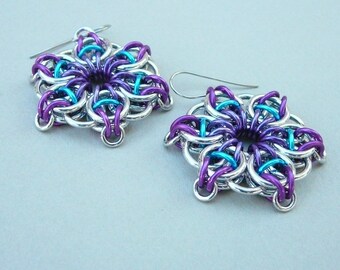 Chainmaille earrings--Celtic vision star in purple, violet, and turquoise anodized aluminum