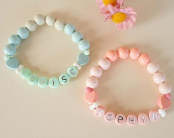 Personalized Pastel Beaded Name Bracelet: Kids Heart Charm Jewelry