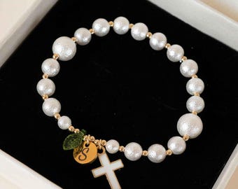 Personalized Cotton Pearl Bracelet, Initial Charm, Cross, Baptism Gift