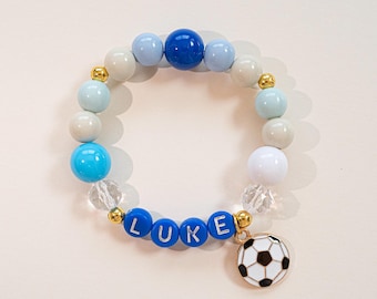 Personalisiertes Fußball Armband: Blaues Perlen Kinder Sport Geschenk
