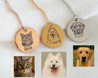 Custom Pet Portrait Necklace: Engraved Dog Cat Memorial Pendant