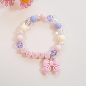 Personalized Bracelet for Kids,Pink Bow Charm Bracelet,Name Beads Jewelry for Girls,Toddler Birthday Gift,Child Party Favor,Cute Custom Gift