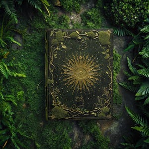 Könnte beinhalten: Ein dunkelgrünes Buch mit einem goldenen Prägemuster einer Sonne mit Ranken und Blättern. Das Buch ist von grünem Laub umgeben.