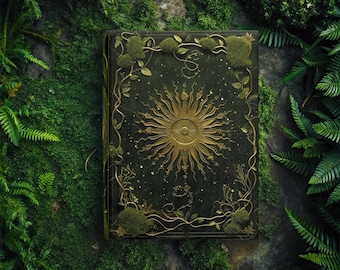 May include: A dark green book with a gold embossed design of a sun with vines and leaves. The book is surrounded by green foliage.