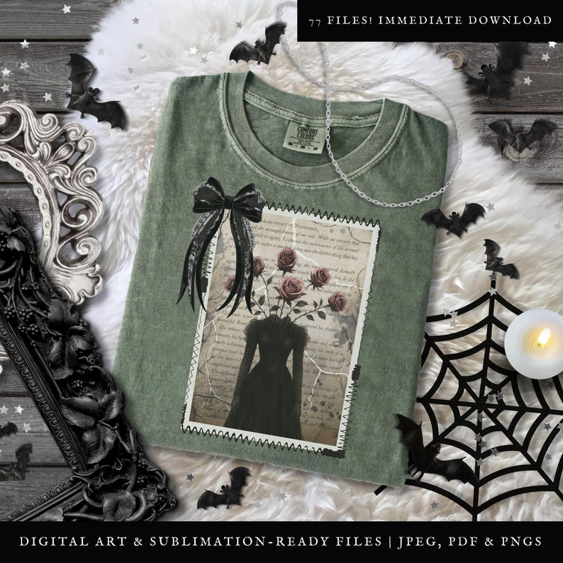 K&ouml;nnte beinhalten: Ein gr&uuml;nes T-Shirt mit einem Vintage-Design, das die Silhouette einer Frau mit Rosen zeigt, die aus ihrem Kopf wachsen. Das Design ist auf wei&szlig;em Hintergrund mit einer schwarzen Schleife oben. Der Text "77 DATEIEN! SOFORTIGER DOWNLOAD" befindet sich oben im Bild.