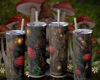 Mushroom Skinny Tumbler with Straw: Whimsical Cottagecore 20oz