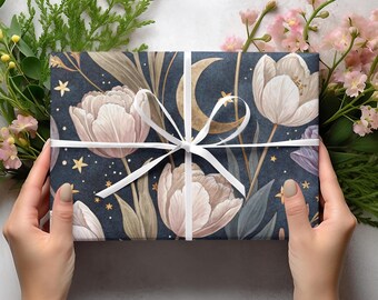 Celestial Tulip Gift Wrap: Witchy Wedding Paper, Dark Floral