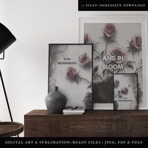 K&ouml;nnte beinhalten: Drei druckbare Kunstdrucke mit schwarzen Rahmen und wei&szlig;em Hintergrund. Die Drucke zeigen Schwarzwei&szlig;illustrationen von Rosen mit dem Text "To be monstrous", "And in bloom" und "Is no contradiction".