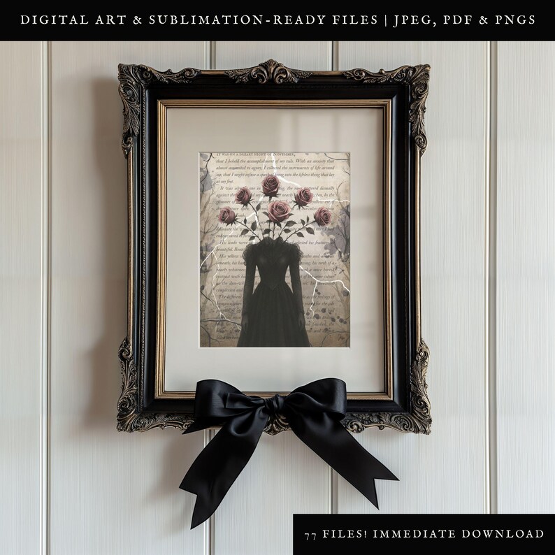 K&ouml;nnte beinhalten: Ein digitaler Kunstdruck mit einer schwarzen Silhouette einer Frau, aus deren Kopf ein Strau&szlig; rosa Rosen w&auml;chst. Der Hintergrund ist eine alte, abgenutzte Seite mit Text.