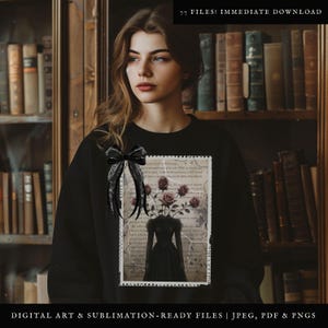 K&ouml;nnte beinhalten: Ein schwarzes Sweatshirt mit einem Vintage-Druck einer Frau mit Rosen, die aus ihrem Kopf wachsen. Der Druck ist auf einem strukturierten Hintergrund mit einem verblassten Look. Der Text auf dem Druck ist verschwommen und unleserlich.