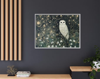 May include: A white owl perched on a branch in a dark woodland setting. The owl is surrounded by white snowdrops and a background of gold and green foliage.
