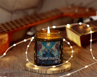 Bougie Krampusnacht : cire de noix de coco et d'abricot parfumée au sapin Fraser dans un verre ambré