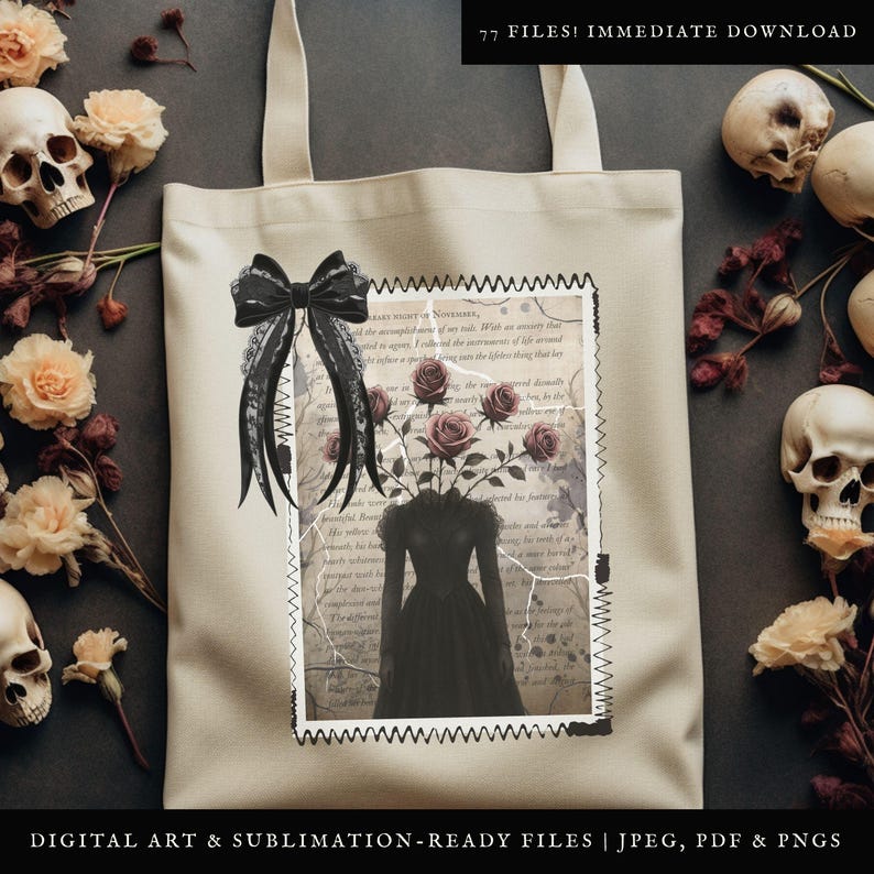 K&ouml;nnte beinhalten: Ein digitaler Kunstdruck mit einer Frau, die einen Rosenstrau&szlig; als Kopf tr&auml;gt und ein schwarzes Kleid tr&auml;gt. Der Druck ist vor dem Hintergrund einer Vintage-Buchseite mit einer schwarzen Schleife.