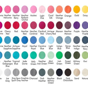 May include: A color chart featuring a variety of fabric swatches in a range of colors, including pinks, blues, greens, and neutrals. Each swatch is labeled with its corresponding color name, such as "Heather Berry" and "Navy".