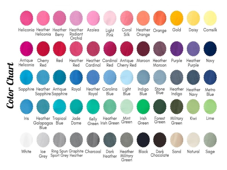 May include: A color chart featuring a variety of fabric swatches in a range of colors, including pinks, blues, greens, and neutrals. Each swatch is labeled with its corresponding color name, such as "Heather Berry" and "Navy".