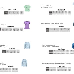 May include: A white background displays size charts for various apparel items, including t-shirts, long-sleeve shirts, and sweatshirts. Each chart provides measurements in inches for different sizes, from S to 2XL, with corresponding garment images.