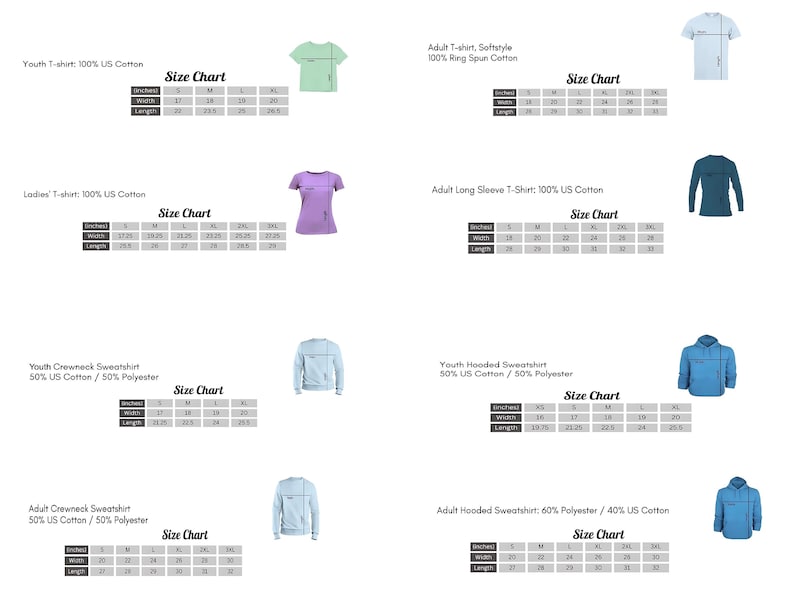 May include: A white background displays size charts for various apparel items, including t-shirts, long-sleeve shirts, and sweatshirts. Each chart provides measurements in inches for different sizes, from S to 2XL, with corresponding garment images.