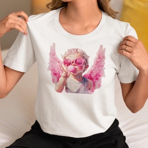 Pink Angel Aesthetic Shirt - Y2K Soft Grunge Graphic Tee - Cute Angelcore Top - Edgy Vintage Angel T-Shirt for Women, Pink Angel Tee