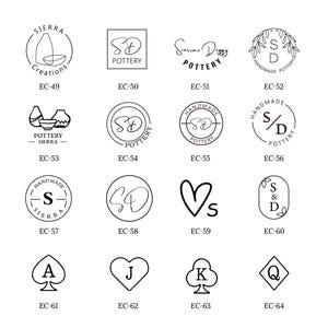 Könnte beinhalten: Eine Sammlung von schwarz-weißen Logo-Designs mit Text wie "Sierra Creations" und "Pottery". Verschiedene Formen, darunter Kreise, Quadrate und Spielkartenfarben. Maße sind nicht anwendbar.