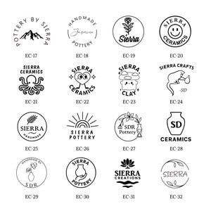 May include: A collection of black and white logo designs for pottery and ceramics businesses. The logos feature various illustrations, including mountains, flowers, and smiley faces. Each logo is in a circular format with the business name.