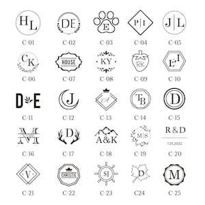 May include: A collection of 25 black and white monogram designs, each with a unique combination of letters, symbols, and shapes. The designs include initials, paw prints, and floral elements, perfect for personalized gifts.