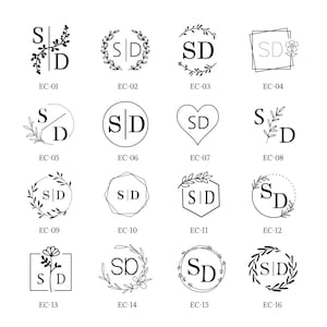 May include: Sixteen black and white monogram designs featuring the letters "S" and "D". The designs include floral, geometric, and circular frames, each labelled with an "EC" code.