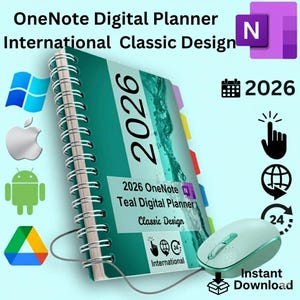 Puede incluir: Un planificador digital turquesa para 2026 con el texto "OneNote Digital Planner International Classic Design". Incluye un ratón de ordenador e iconos para descarga instantánea y uso internacional.